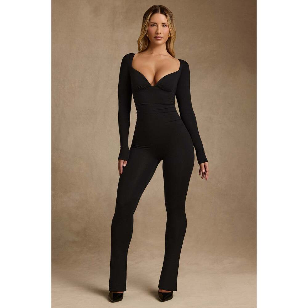 Oh Polly Modal Ruched Long-Sleeve Jumpsuit in Black Size XSXS / Petite